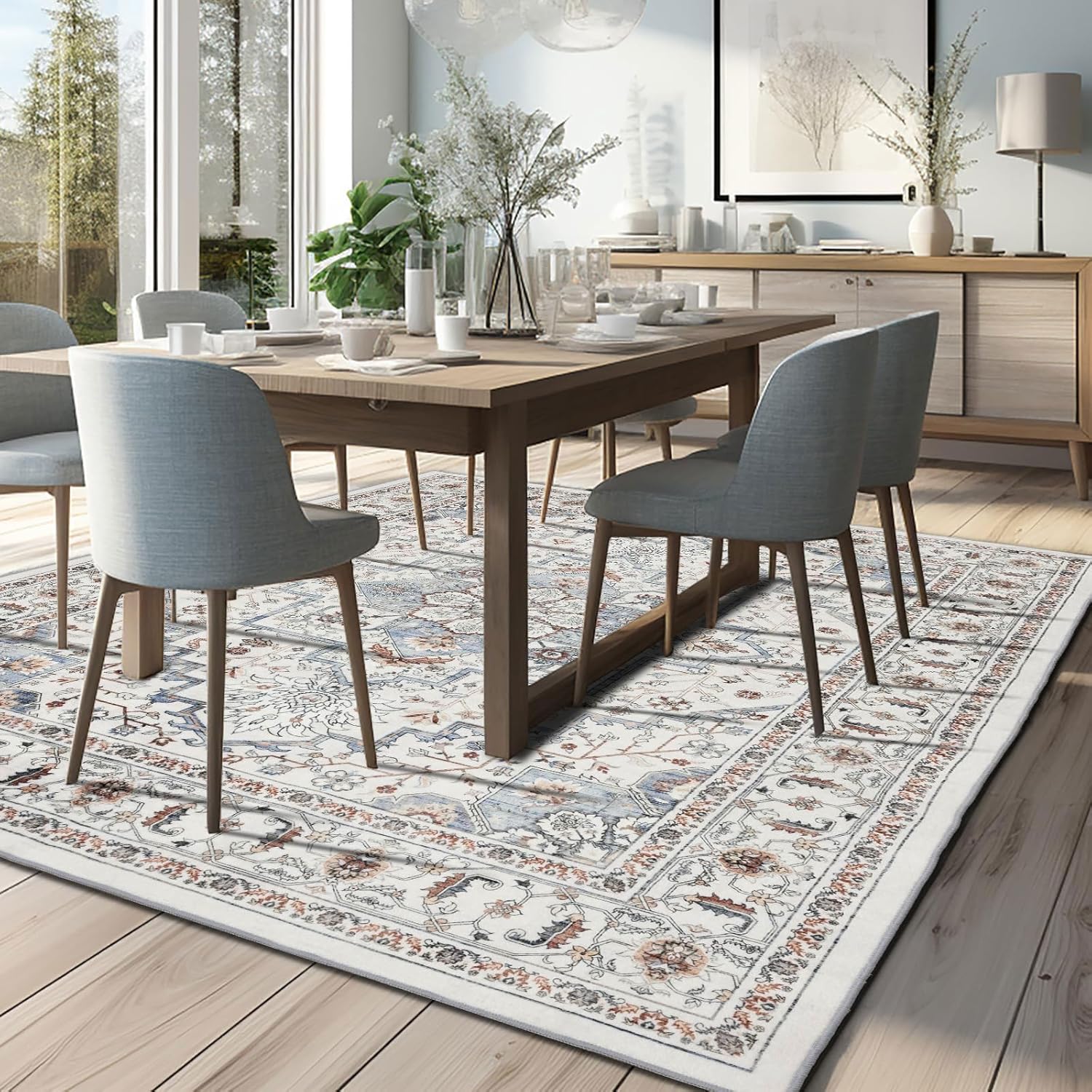 Area Rug for Living Room, Indoor Machine Washable Vintage Rugs for Bedroom Dinning Room Floor Carpet Non-Slip Backing Rugs Floral Soft Low-Pile Office Rug (Blue#001, 5' × 7')