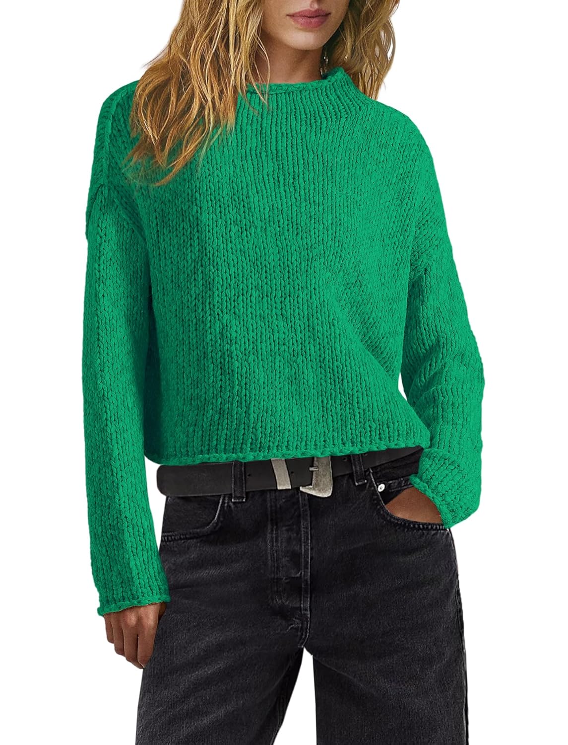 ReachMe Womens Oversized Cropped Sweaters Chunky Knit Sweater Long Sleeve Mock Neck Pullover Tops Fall Outfits 2025
