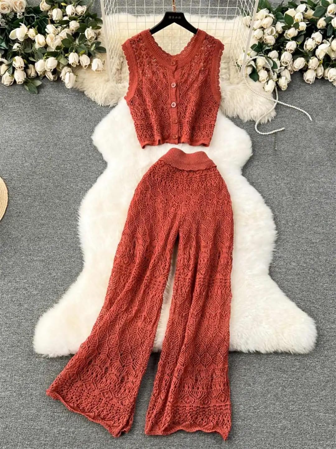 Women Suit Bohemian Holiday Hollow Out V-Neck Knitted Top+High Waist Wide Leg Two Piece Set