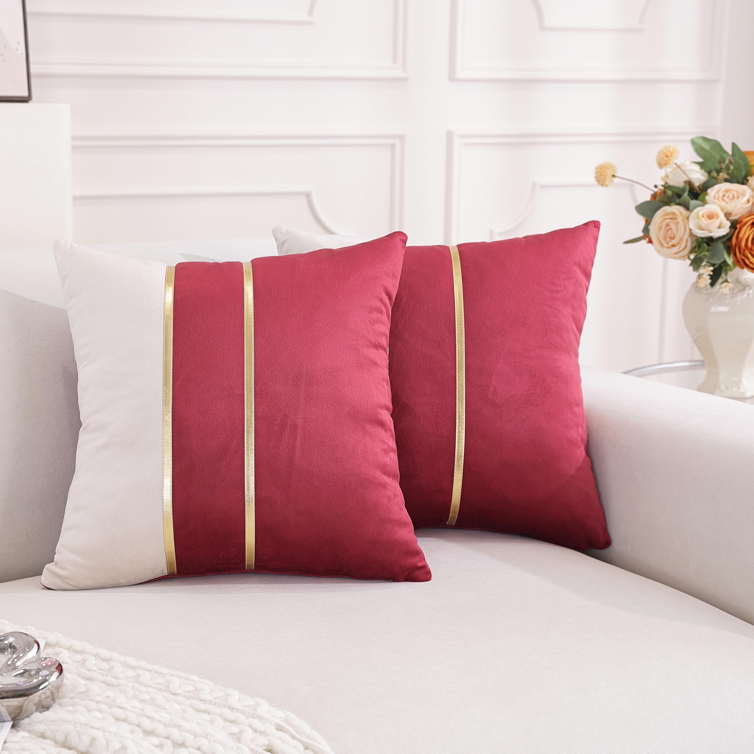 TAOSON Pack of 2 Burgundy & Beige Velvet Throw Pillow Covers 18x18 Inch, Patchwork Cushion Covers with Gold Leather Accents, Luxury Modern Decorative Pillow Cases for Sofa Bedroom Living Room Car — image 1