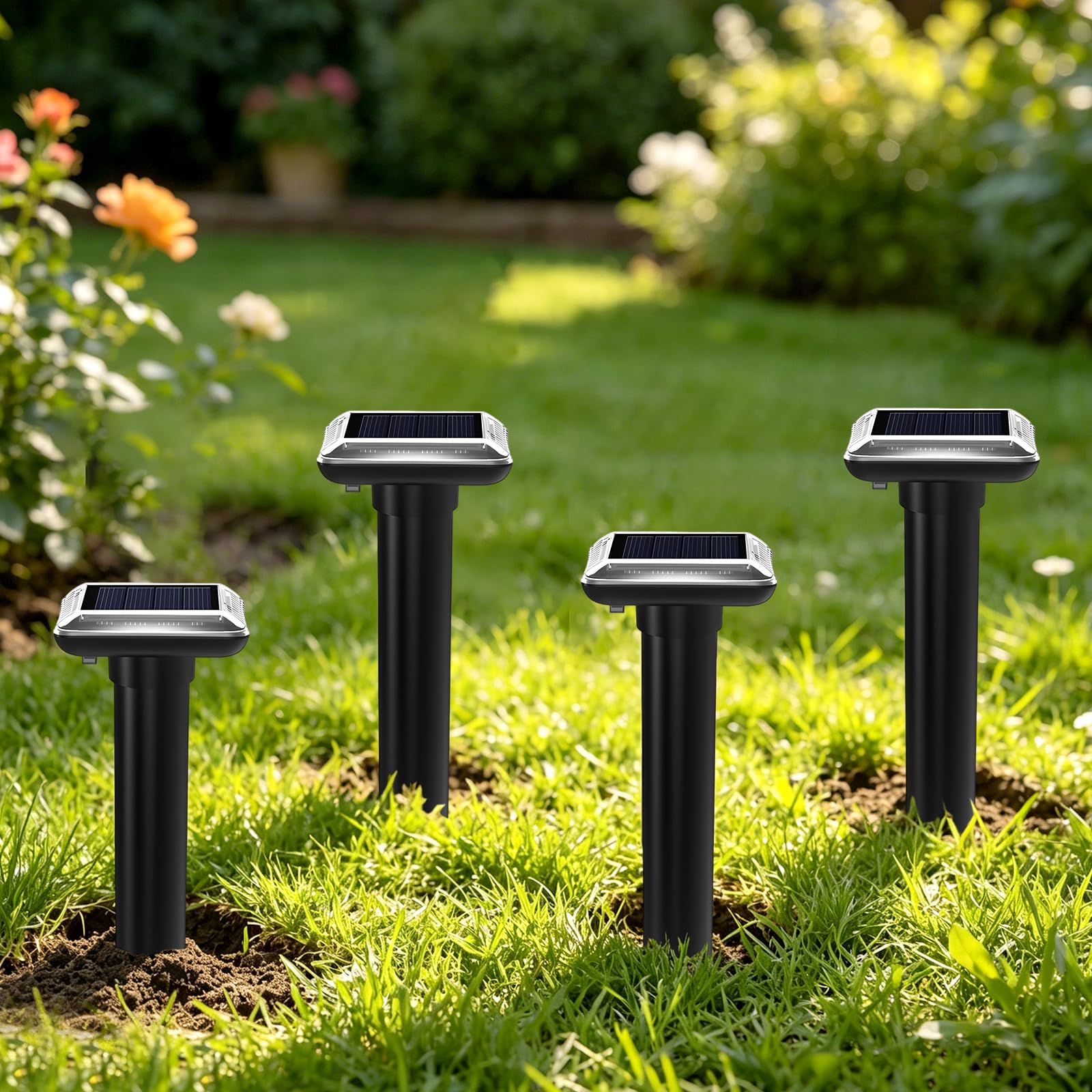 Solar Spaventapasta in marmo, set di 4 spaventapasseri IP66 per prato da giardino | Segnale di vibrazione ogni 50 secondi, si carica alla luce del giorno, montaggio spiedino per il letto di fattoria e verdura