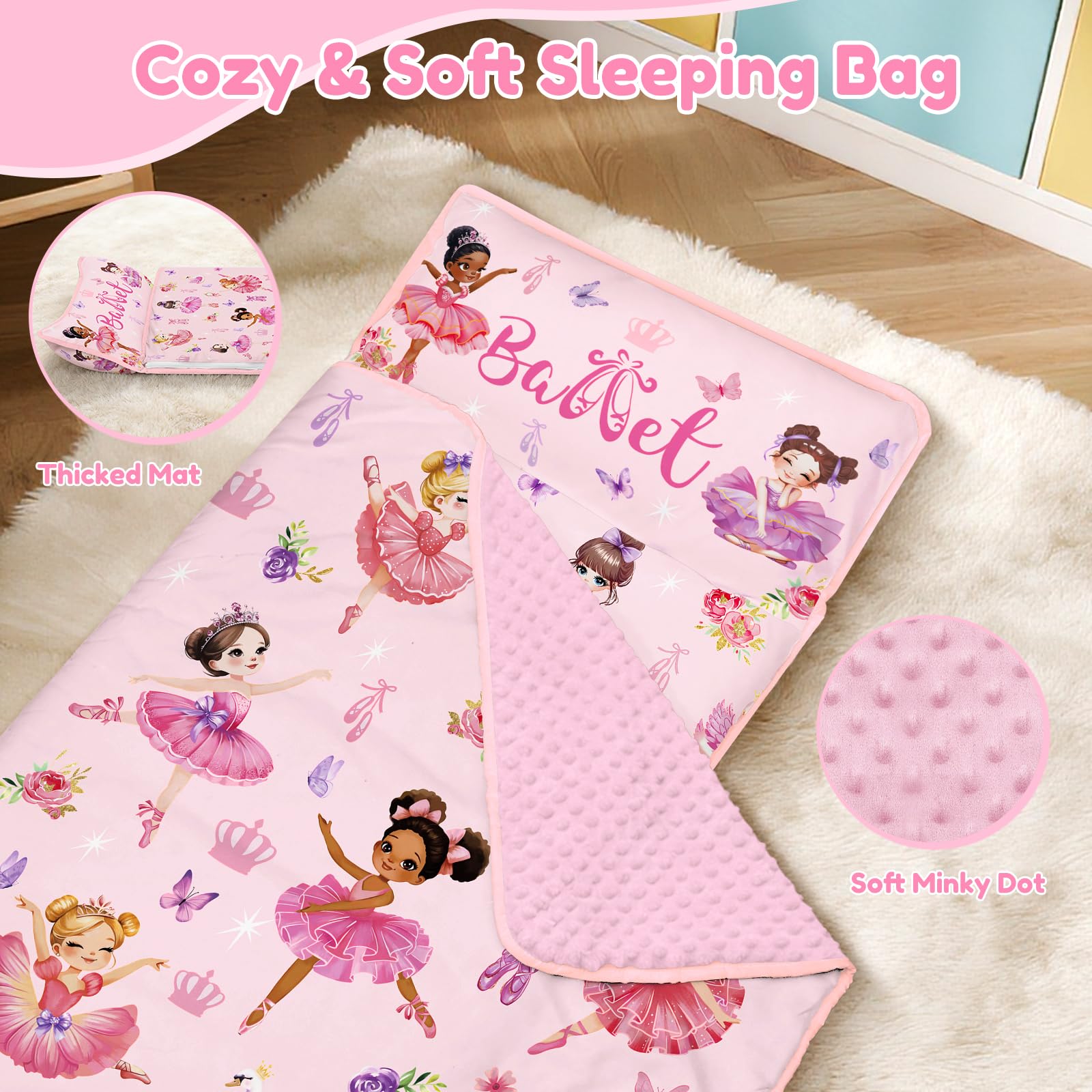 Kids Sleeping Nap Mat with Removable Pillow, 24×59 In Toddler Sleep Bag, ballet princess - Image 3