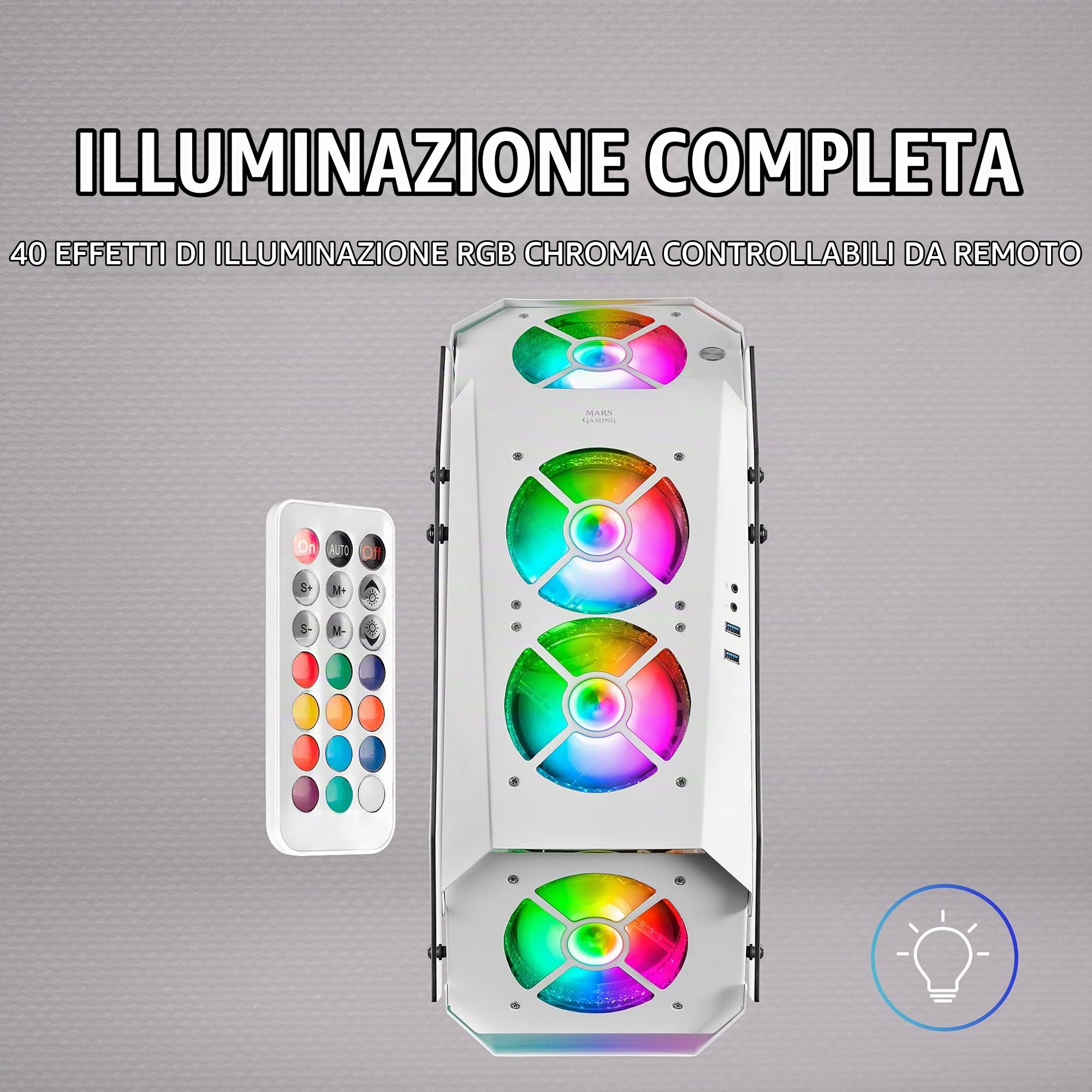 Mars Gaming MC51W, Custodia da Gioco PC ATX, Doppio Vetro Temperato, 5x Ventola RGB 12cm, Bianco