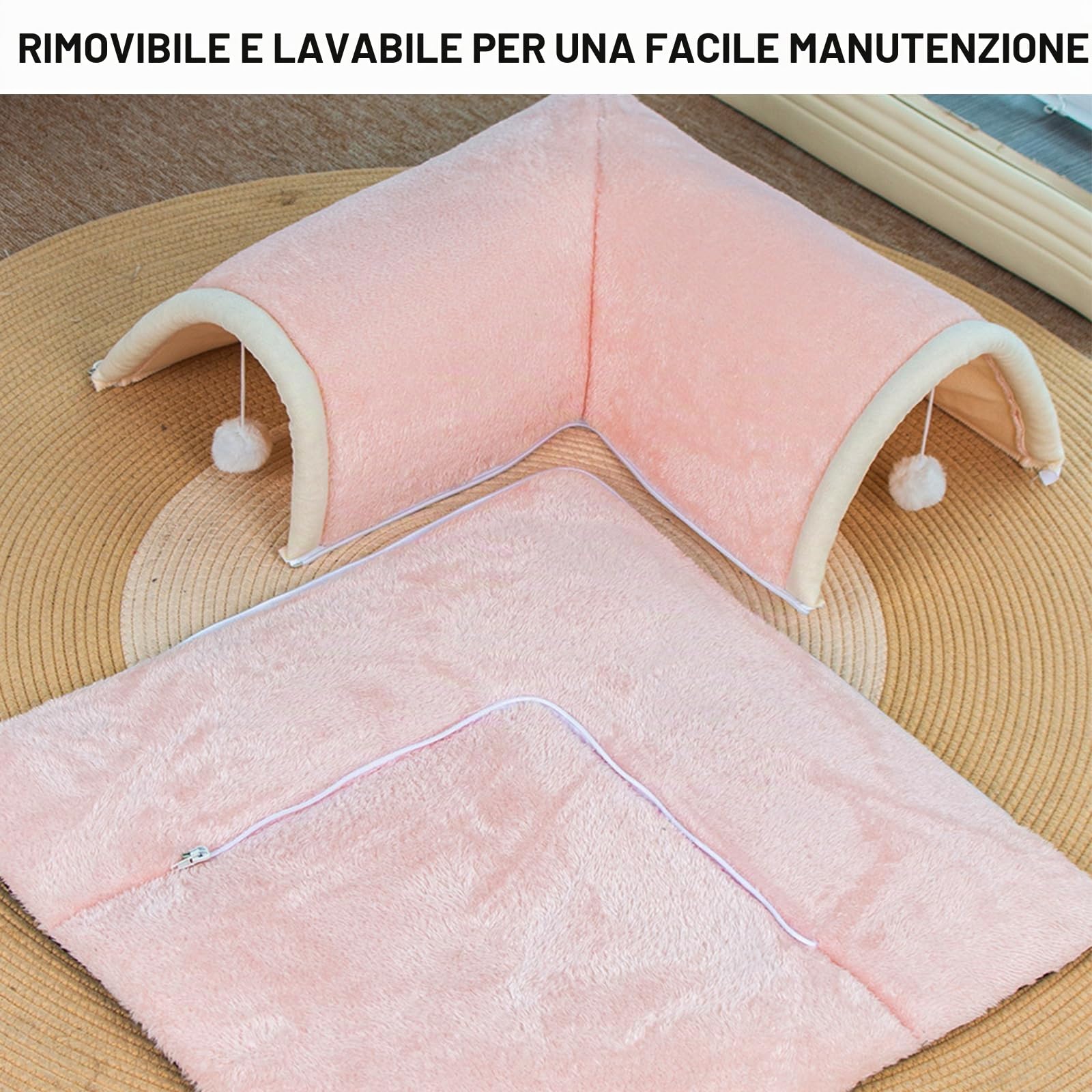 Gatto a tunnel per gatti, 2 in 1, con tappeto, per gattini rimovibili, lavabile, con giocattolo a sfera, 50 x 50 cm (rosa)