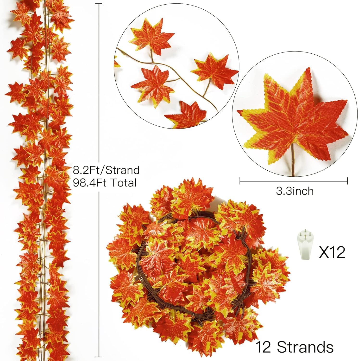Sggvecsy 12 Pack 92Ft Fall Leaf Garland Artificial Maple Leaves Red Silk Autumn Hanging Vines for Thanksgiving Home Wedding Garden Fireplace Porch Decor