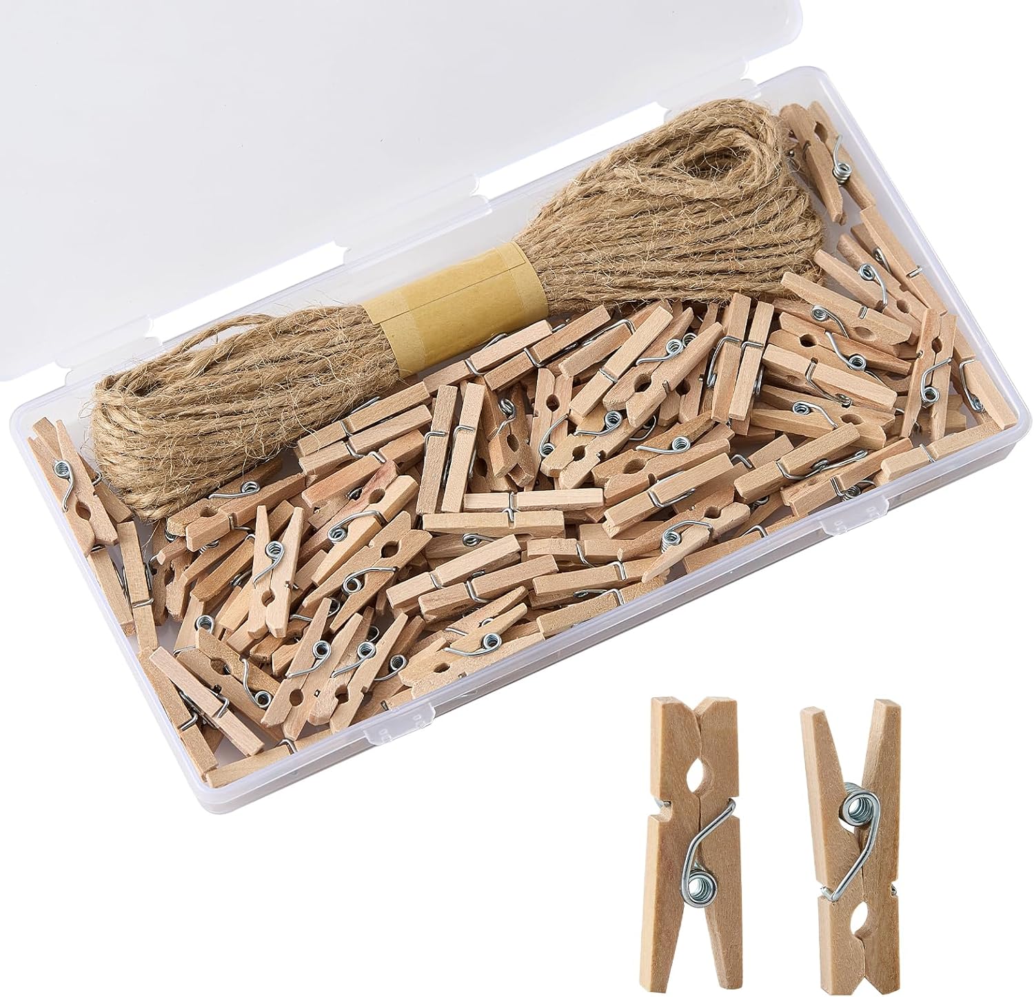 1" Natural Mini Clothespins 100 Pcs with Jute String for Baby Shower
