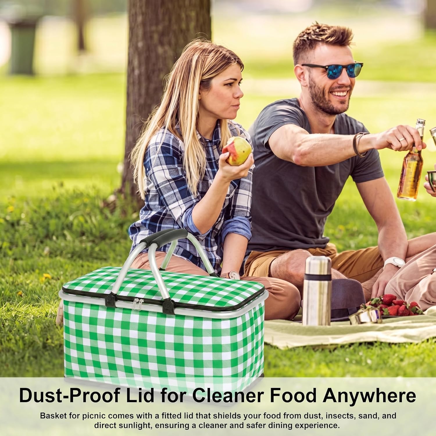 Insulated Picnic Basket,Collapsible Picnic Basket,30L Large Market Basket with Lid,2 Sturdy Handles,Storage Basket for Picnic,for Food Delivery,Take Outs,Market Shopping,Travel(Green Grid)