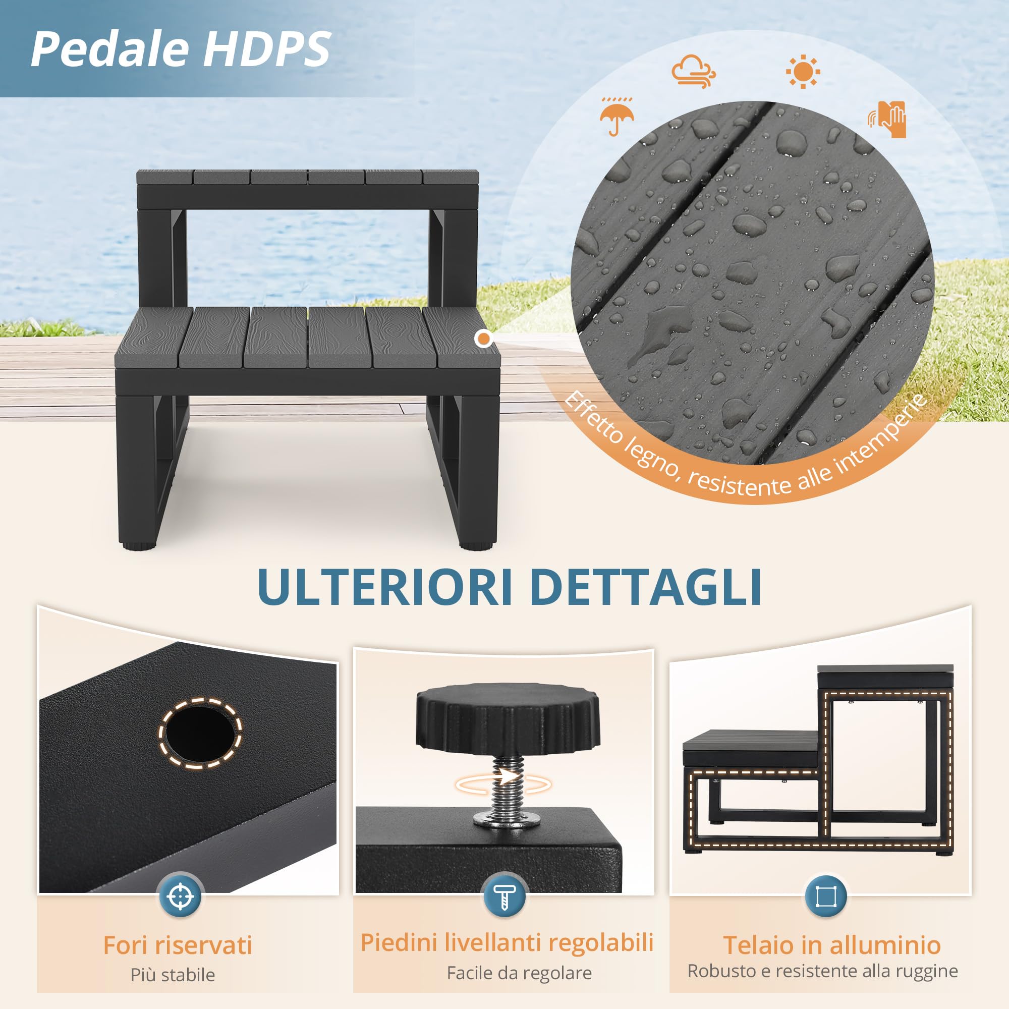 LUE BONA 2 livelli di idromassaggio antiscivolo con gradini HDPS e telaio in alluminio, per vasca idromassaggio, piscina e terrazza, 40 x 53 x 38 cm, grigio scuro