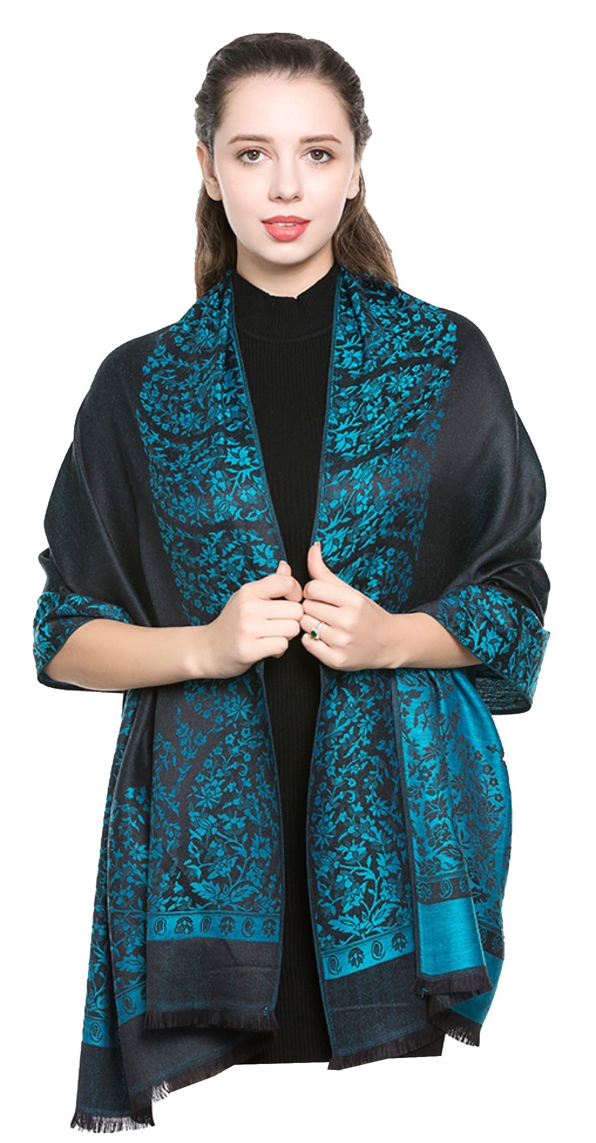 World Of Shawls Women's Black / Turquoise Reversible/Two Sided Print Self Embossed Pashmina Feel Wrap Scarf Stole Scarves Shawl (Black/Turquoise)