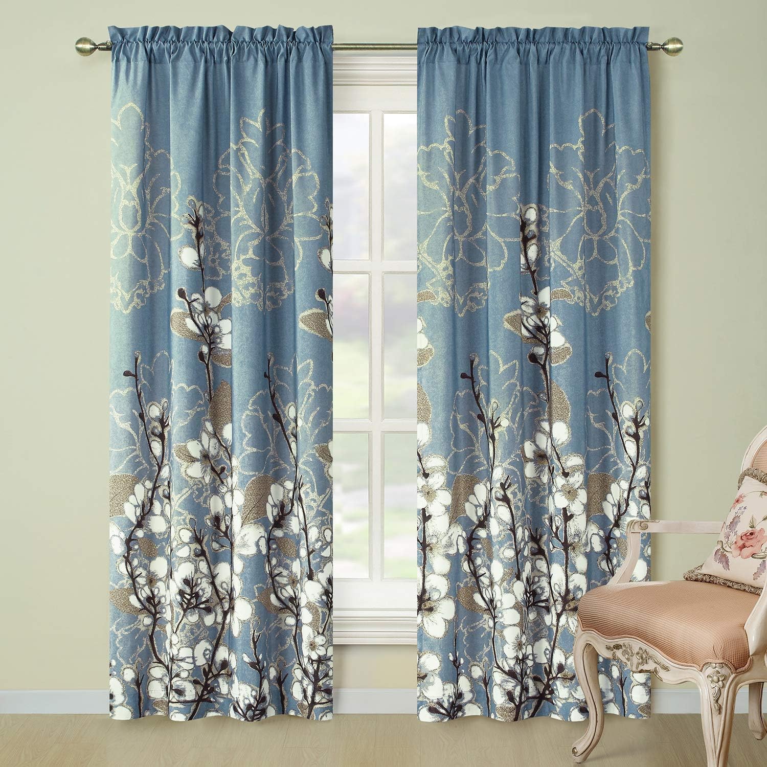 DS BATH Hanakotoba Window Curtain,Rod Pocket Microfiber Curtains,Floral Panels for Living Room,Flower Panels for Bedroom,2pcs Panel:Each 42" W x 84" H,Total Size:84" W x 84" H