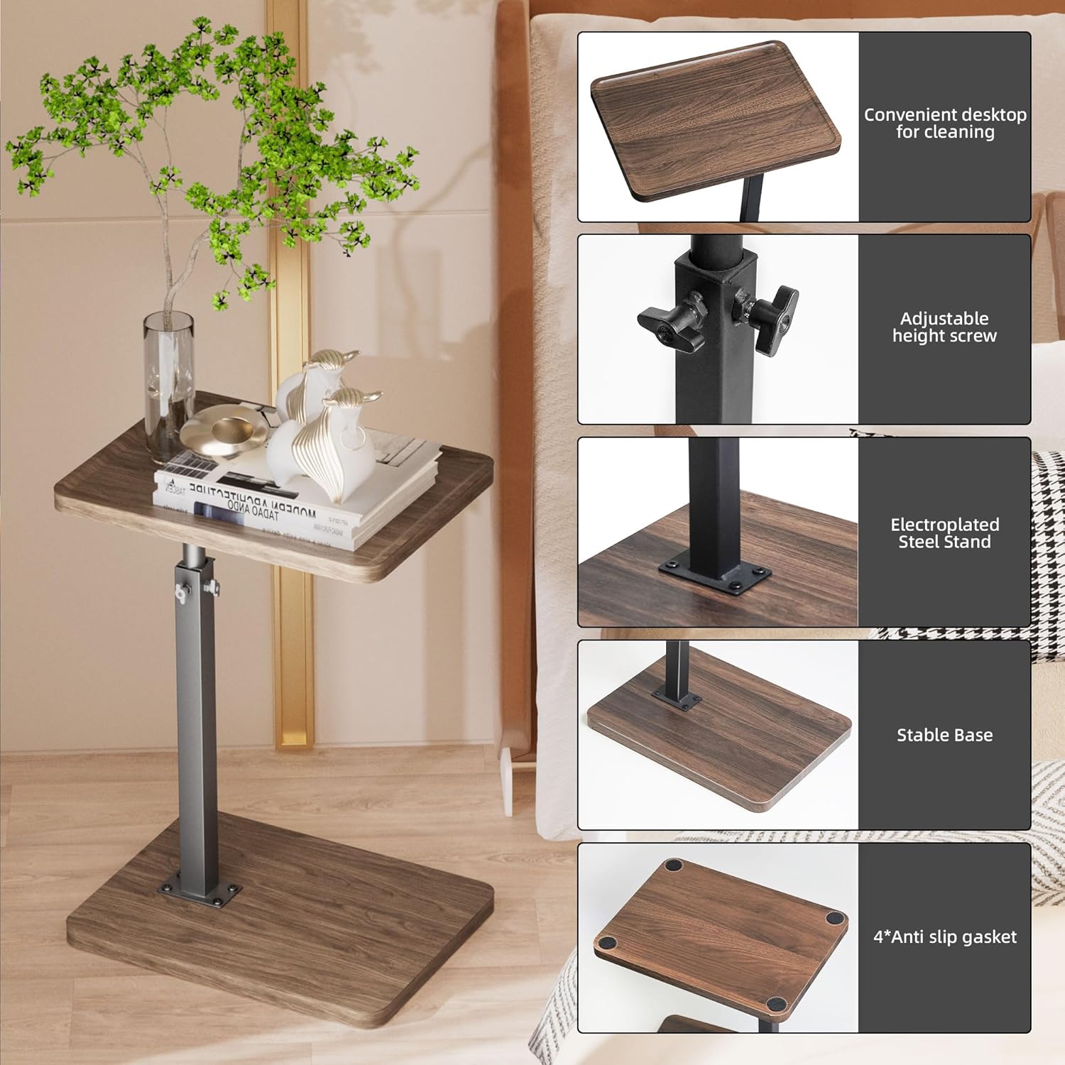 C Shaped End Table Adjustable Height Set of 2,360° Swivel Sofa Table Tray,Couch Tables That Slide Under,C Shaped Side Table for Sofa Living Room,Bedroom,Snack Table (Rustic Brown)