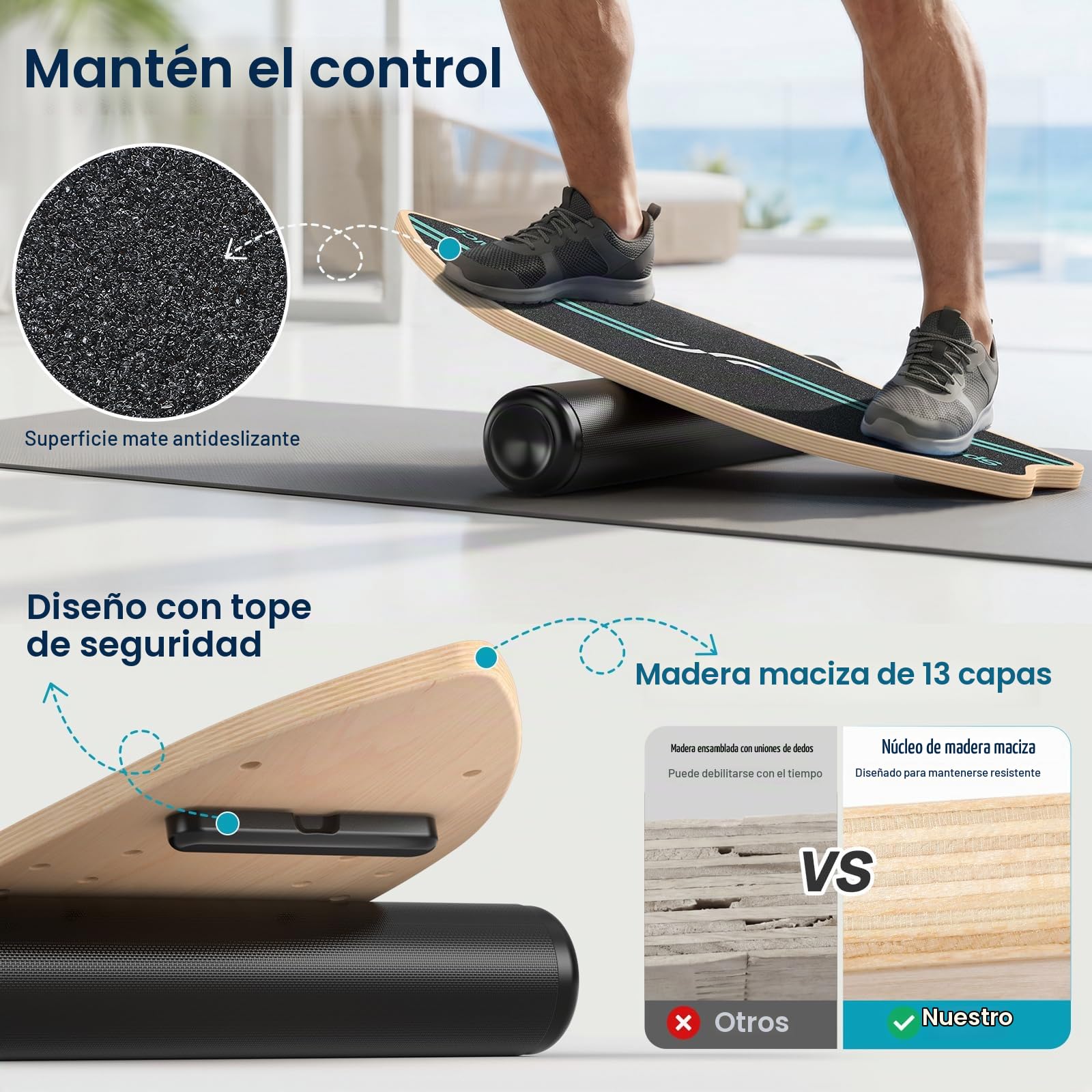 Sportneer Surfin - Tabla de equilibrio para adultos 8 en 1 – Entrenador de equilibrio con rodillo, pelota de goma y semiesfera, tabla de equilibrio de madera para entrenamiento de núcleo, surf, esquí