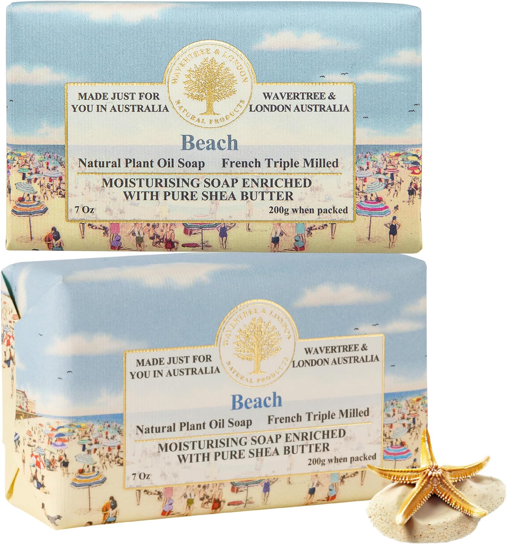 Beach Scented Natural Soap (2 Bars), 7oz Moisturizing French Triple Milled Soap Bars enriched with shea butter - Pure Plant Based Bath & Body Bars for All Skin Types