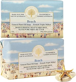 Beach Scented Natural Soap (2 Bars), 7oz Moisturizing French Triple Milled Soap Bars enriched with shea butter - Pure Plant Based Bath & Body Bars for All Skin Types