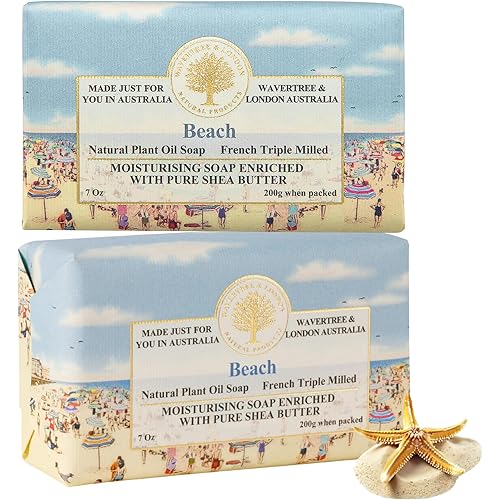 Wavertree & London Beach Scented Natural Soap (2 Bars), 7oz Moisturizing French Triple Milled Soap Bars enriched with shea butter - Pure Plant Based Bath & Body Bars for All Skin Types
