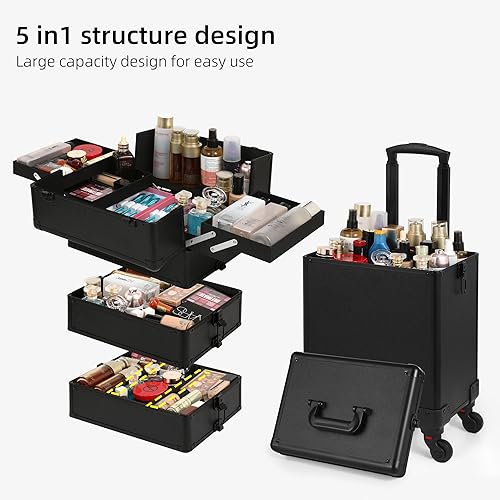 Miniatura 4 de Estuche de maquillaje rodante, estuche de cosmetología 5 en 1 sobre ruedas, organizador de estuche de maquillaje grande, estuche cosmético