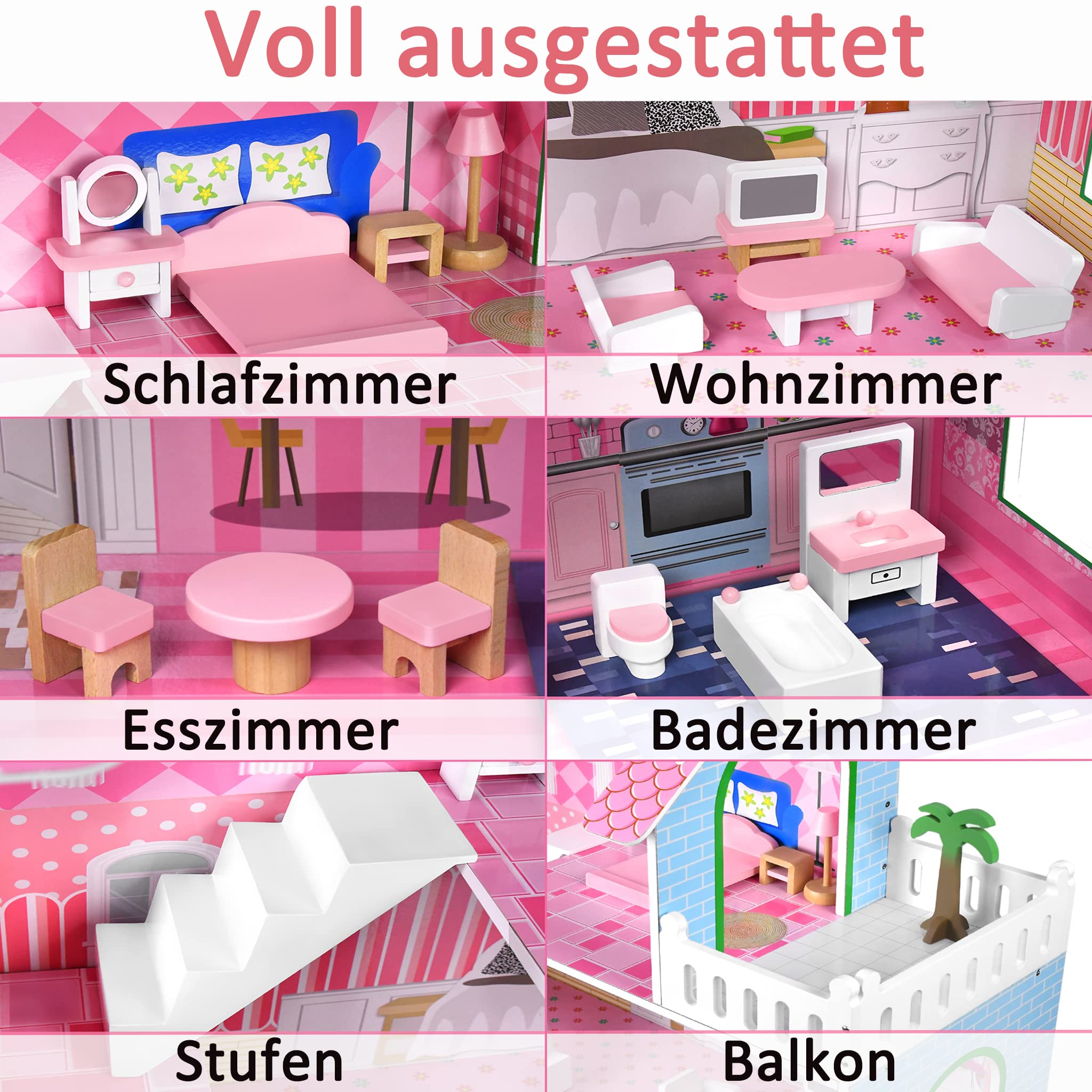 Aufun Holzpuppenhaus MDF, Puppenstube 3-Etage, Möbel, Zubehör, Puppenvilla, Dollhouse, Kinder, Spielzeug, Groß, Ästhetisch