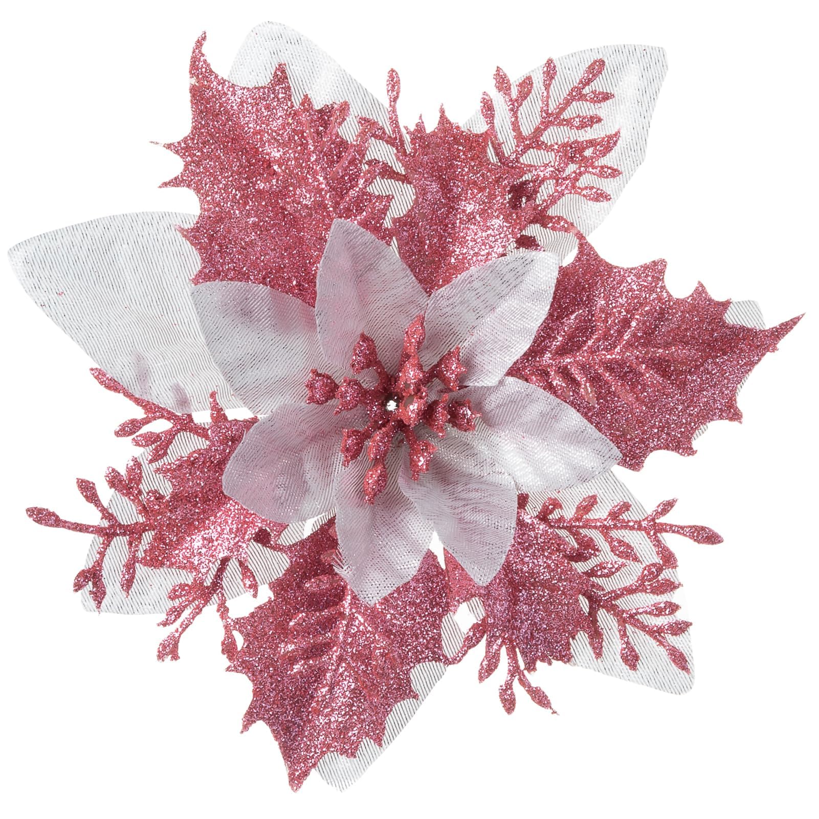 Xmastell Pink 15Pcs Poinsettia Artificial Flowers Decorations, Glitter Christmas Flowers Ornaments, Christmas Tree Decorations Flowers, With Clips For Xmas/Wreath/Garland Decor, 14Cm