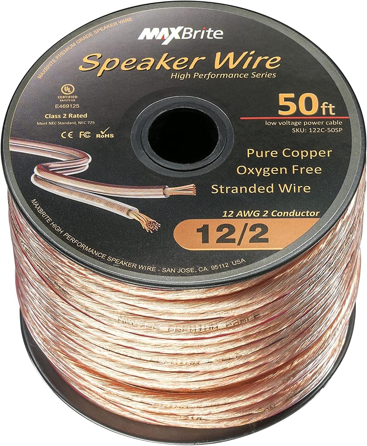 High Performance 12 Gauge Speaker Wire, Oxygen Free Pure Copper - UL Listed Class 2 (50 Feet Spool)