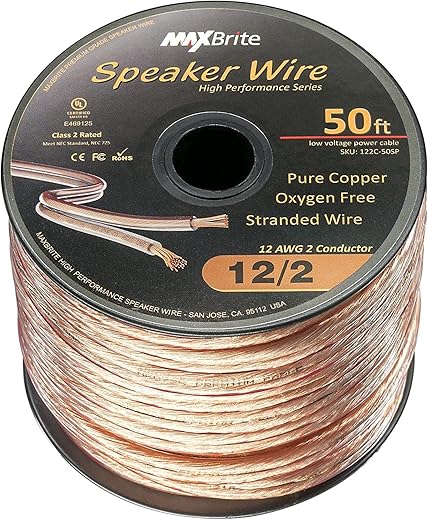 High Performance 12 Gauge Speaker Wire, Oxygen Free Pure Copper - UL Listed Class 2 (50 Feet Spool)