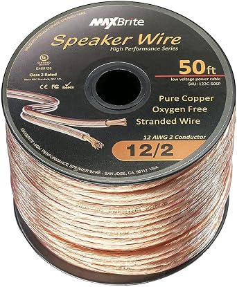 50 ft. Spool High Performance 12 Gauge Speaker Wire, Oxygen Free Pure Copper - UL Listed Class 2
