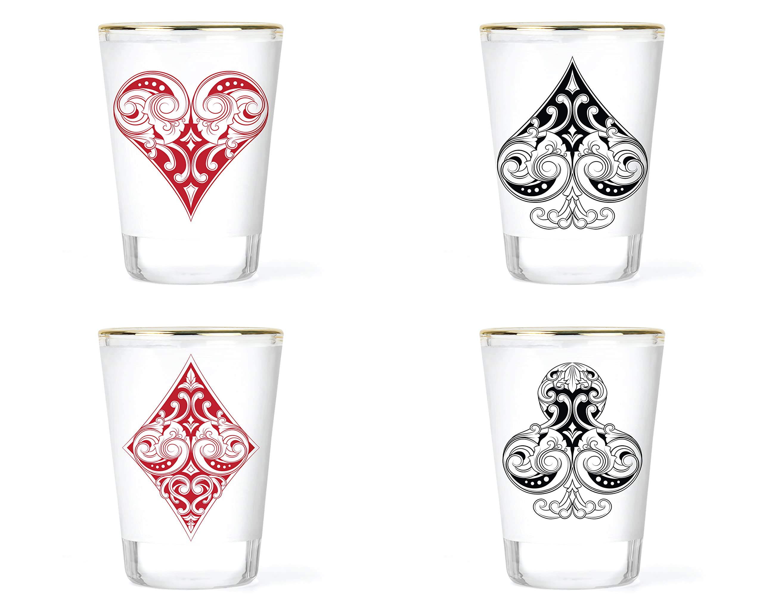Playing Card Suits Shot Glass Set Gift Gifts Idea Ideas for Poker Players Hearts Spades Diamonds Clubs Shotglasses 4 Piece Set Collectible Novelty Barware Keepsake 1.5 ounce Shots Shooter Shotglass
