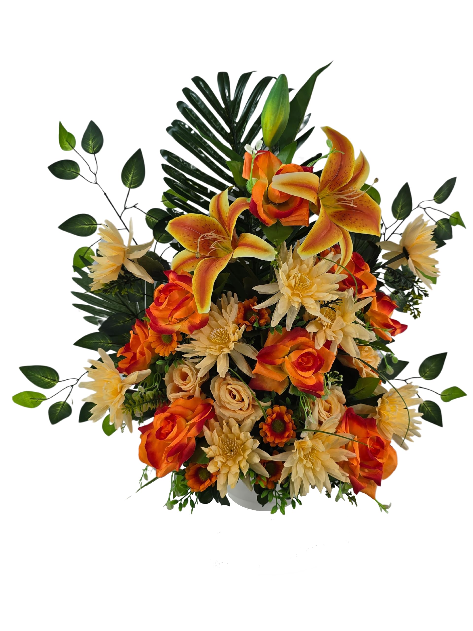 Centro de Flores Artificiales Cementerio, Iglesia Bodas sepulturas Naranja con liliums, Rosas, dalias y Margaritas 74x26x70 cm