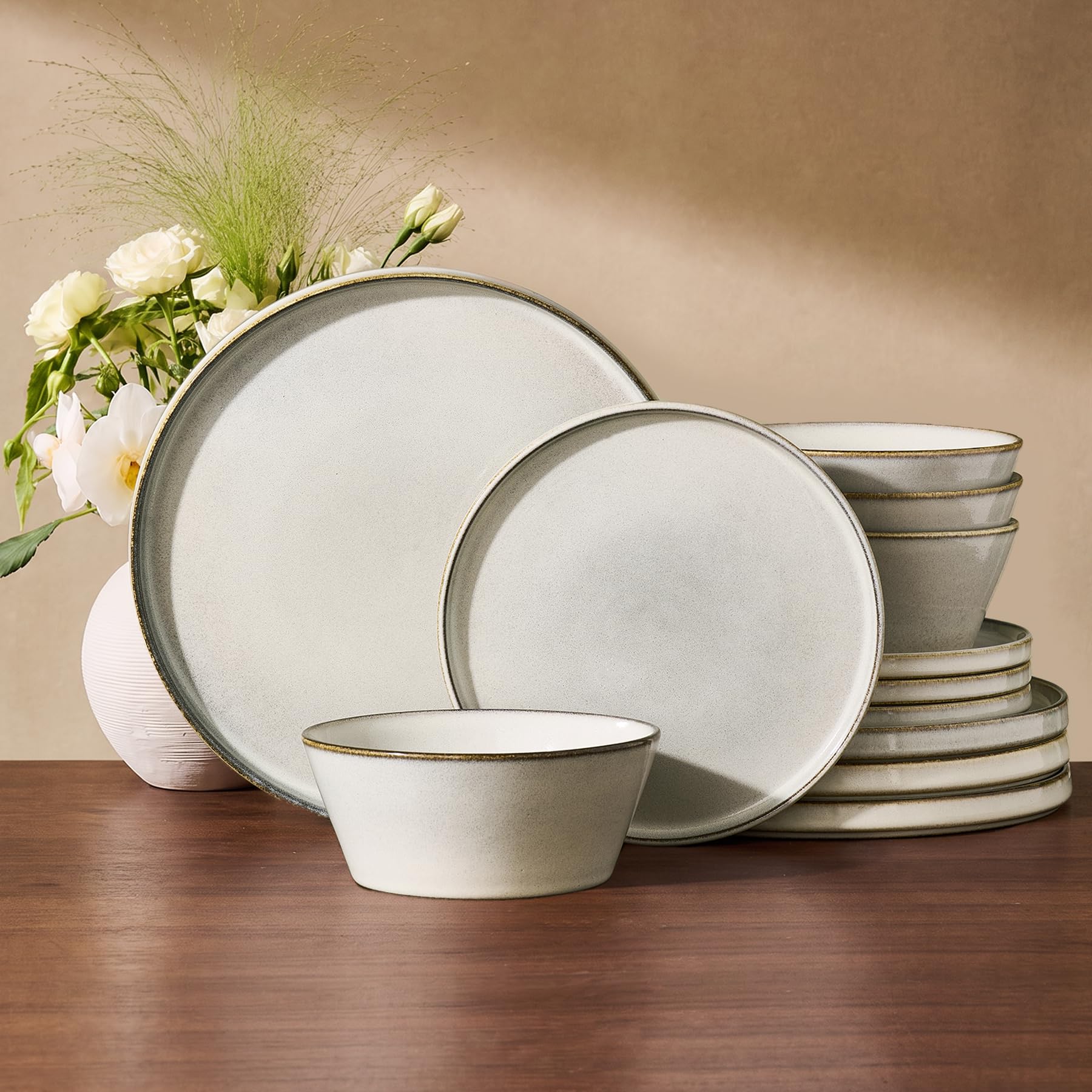 12-Piece Stoneware Dinnerware Sets for 4, Ceramic Dish Set, Reactive Glaze | Plates and Bowls Sets, Annecy Dishes Set, Microwave & Dishwasher Safe, Chip & Scratch Resistant, Famiware Premium, Grey-White