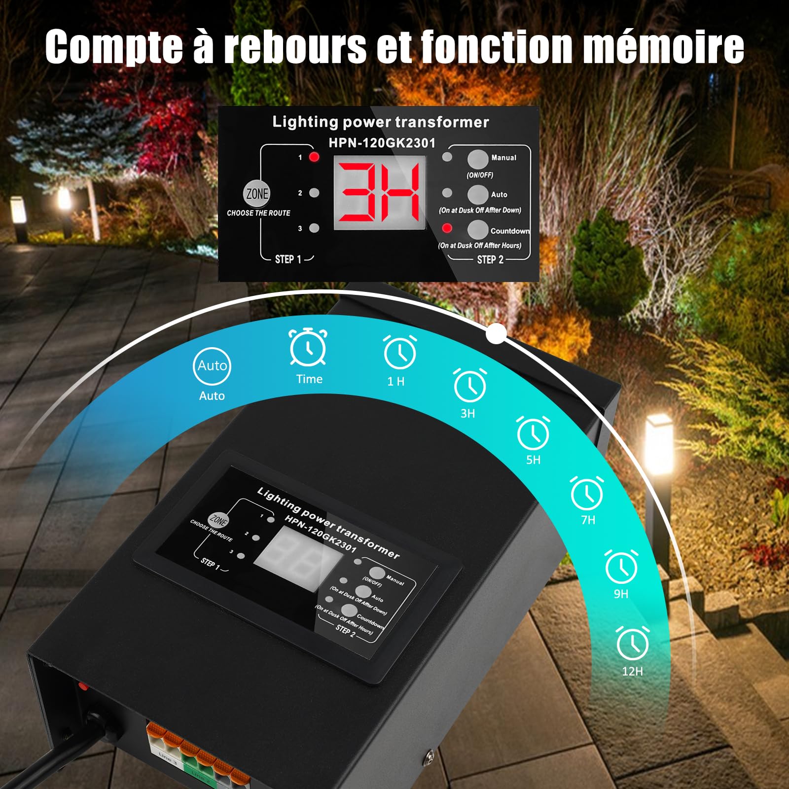 COOLWEST 120W Transformateur 220V 12V AC avec Capteur de Lumière, Alimentation 10A Extérieur avec Fiche, Transfo LED avec Minuterie pour Eclairage de Jardin, Halogène MR16 GU5.3, Eclairage de Piscine