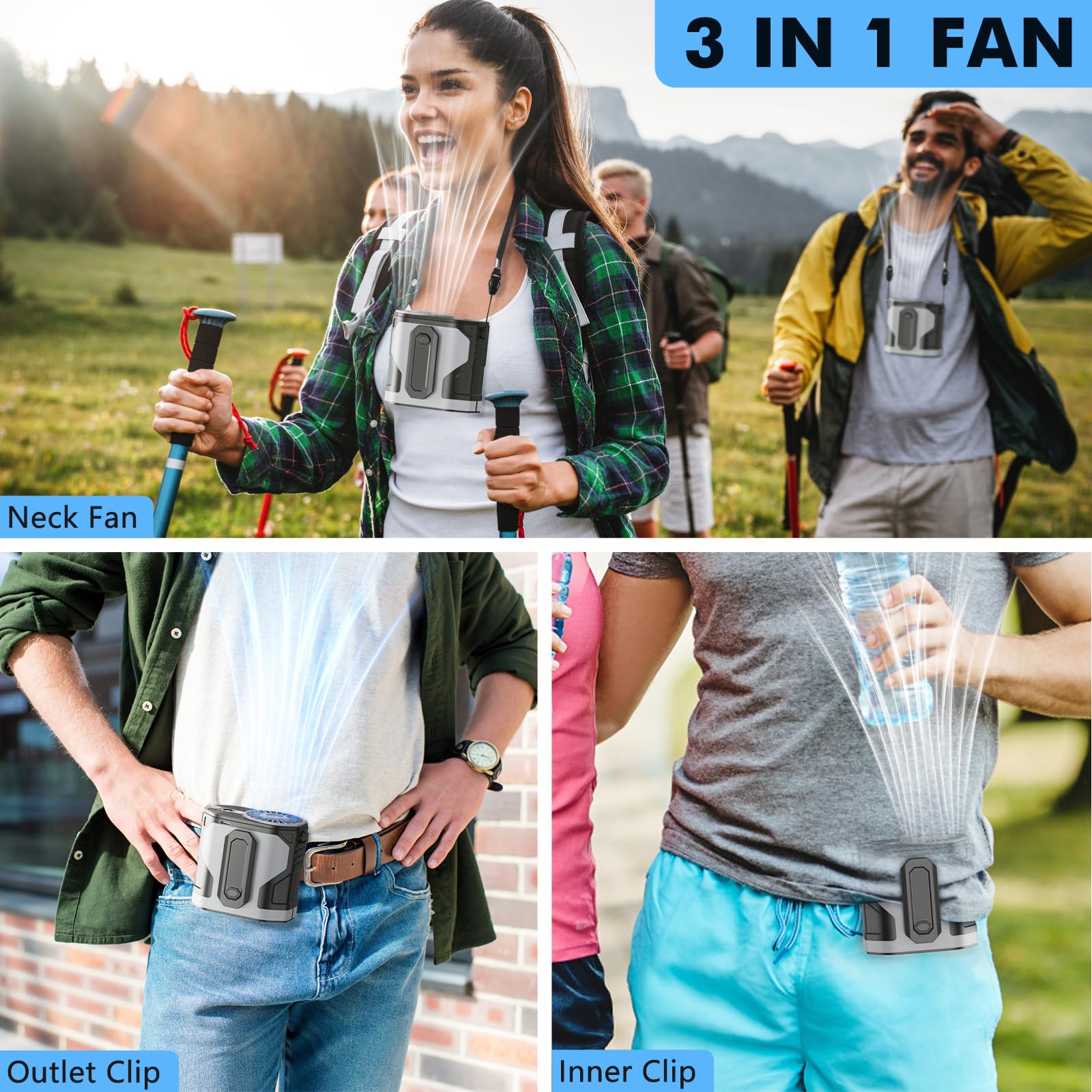Ventilador de cintura portátil recargable con 10 velocidades, flujo de aire potente, ventilador de cintura manos libres, ventilador con clip fresco debajo de la camisa para acampar, al aire libre, sit