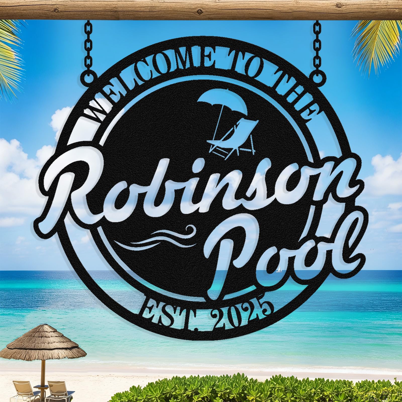 Personalized Metal Pool Signs for Outside, Custom Poolside Oasis Sign