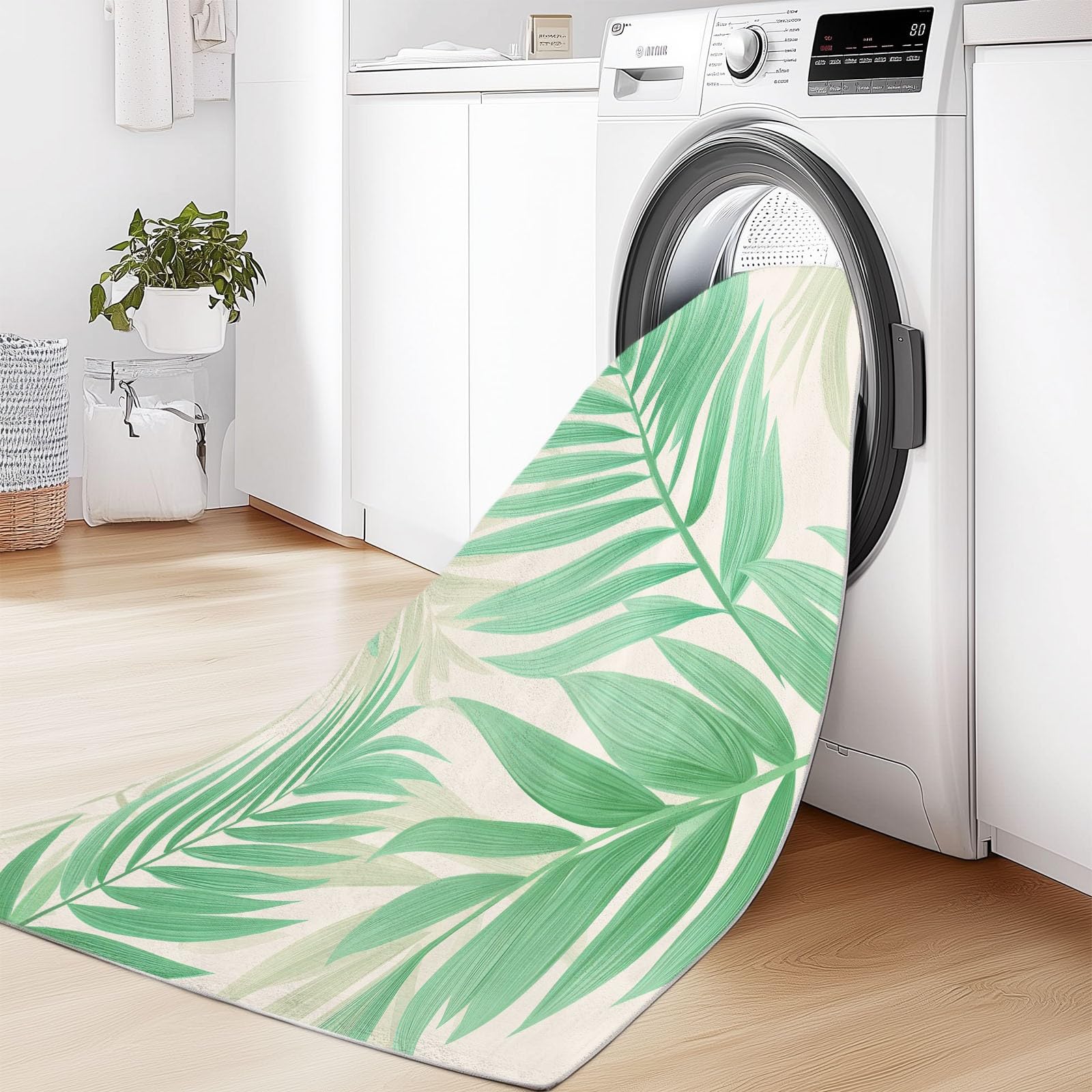 Tapis Salon 160x230 cm Plantes Vert Feuilles de Palmier Rayures, Style Rustique Moquette Imprimé Lavable en Machine - Vert Sauge Tapis Doux Antidérapant pour Chambre à Coucher et Bureau Salle de Jeux