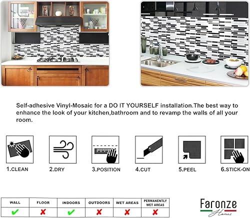 Miniatura 8 de Adhesivo de mosaico para despegar y pegar, azulejos de cocina, adhesivo de pared de baño, 11 x 9.25 pulgadas, diseño de mármol (negro blanco y gris