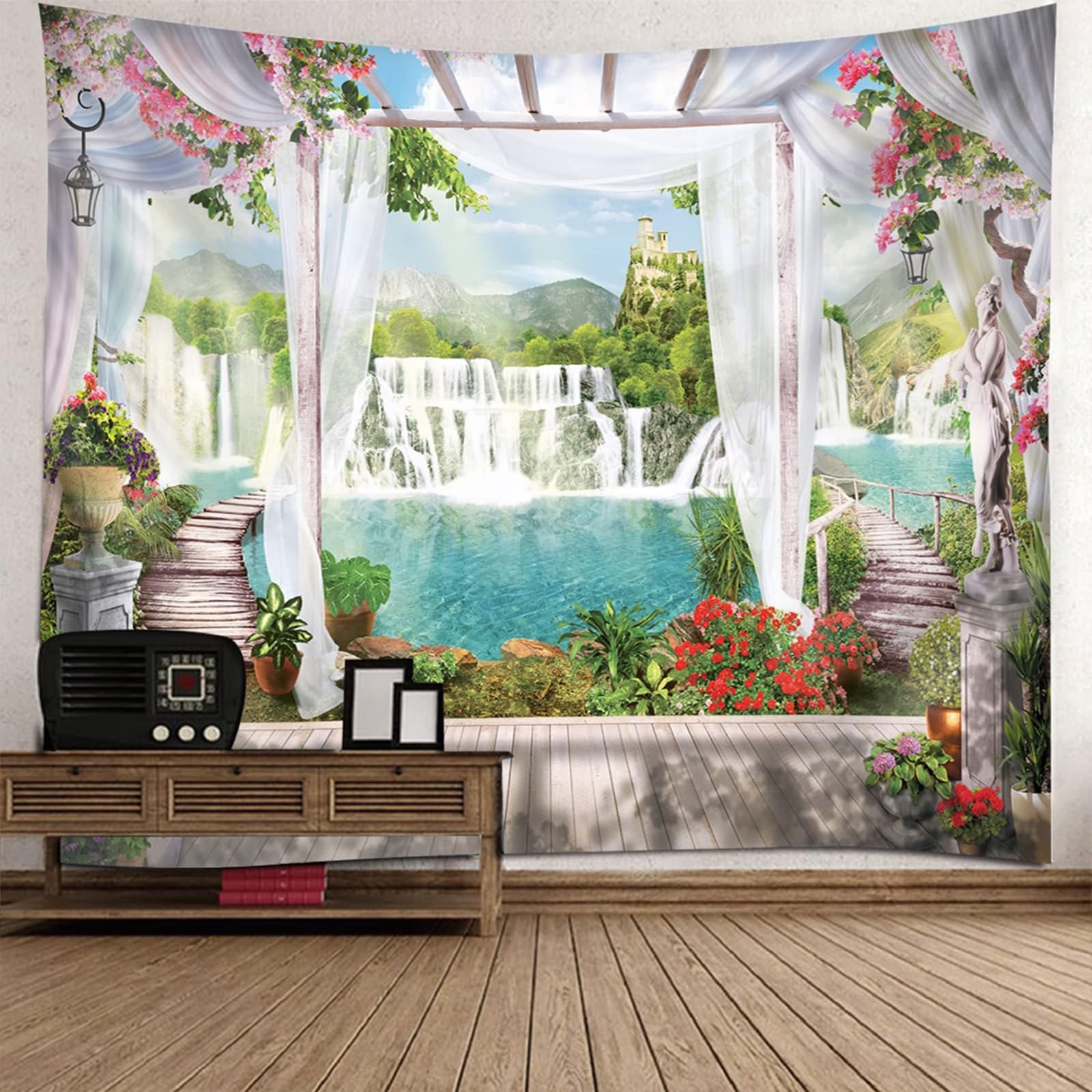 Tappeto Parete Soggiorno, Paesaggio del Padiglione della Cascata del Fiore Bianco Verde Decorazione da Parete per Camera da Letto, Soggiorno, 300x256cm