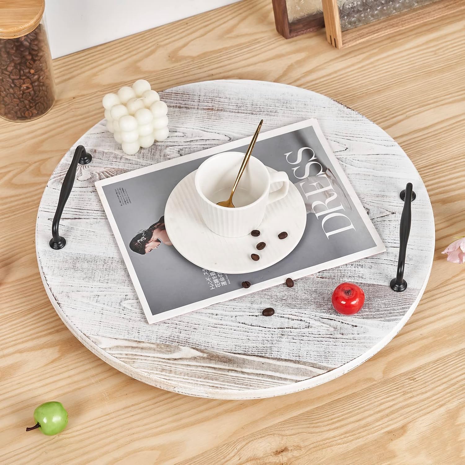 Wooden Lazy Susan for Table Turntable Organizer 18 Inch Large Lazy Susan Whitewashed Wood Serving Tray for Pantry Cabinet Countertop Round Spins Balanced Pine Spice Rack for Kitchen Essentials Storage