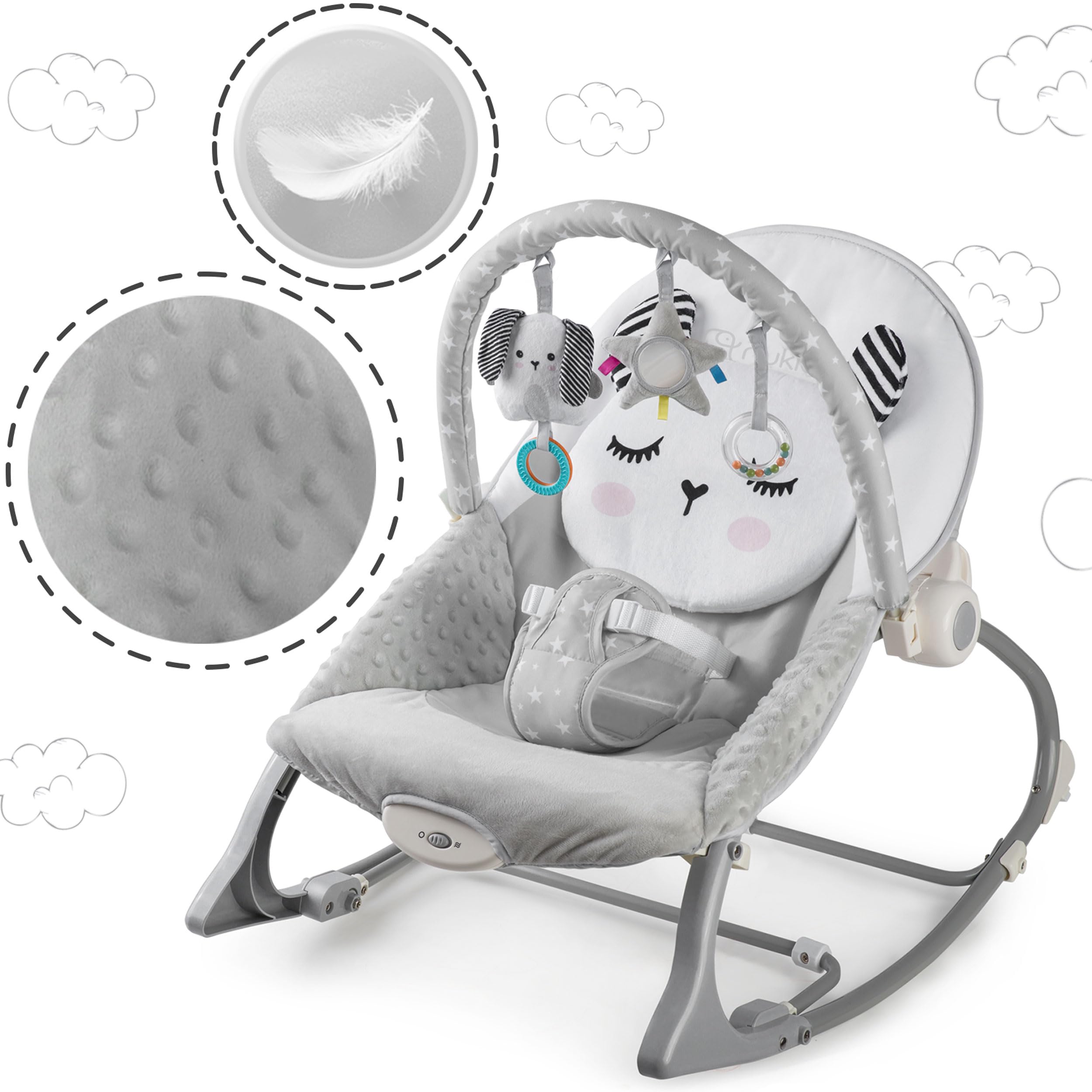 Nukido Sdraietta Neonati - Dondolino con Vibrazione e Giochi - Piedini Antiscivolo - fino a 18 kg Grigio