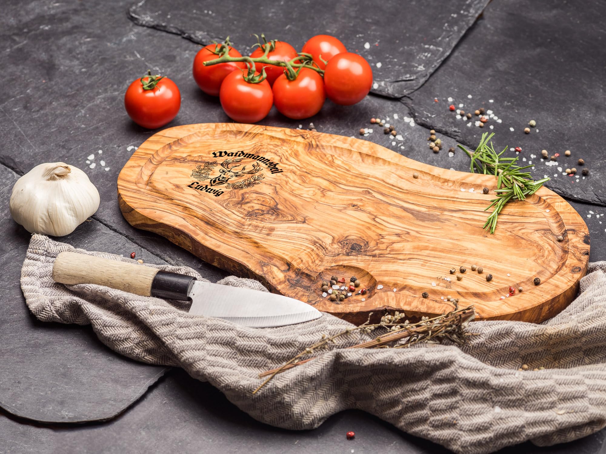 Schneidebrett Olivenholz | Jäger Geschenke | Jagdmotiv | Jagd Geschenke für Jäger Männer | Grill Zubehör | Personalisierte Geschenke Männer | Holzbrett mit Gravur