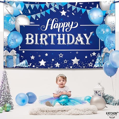 Miniatura 8 de KatchOn, Cartel grande de feliz cumpleaños plateado y azul - 72 x 44 pulgadas | Cartel de pared de feliz cumpleaños para hombres | Telón de fondo de
