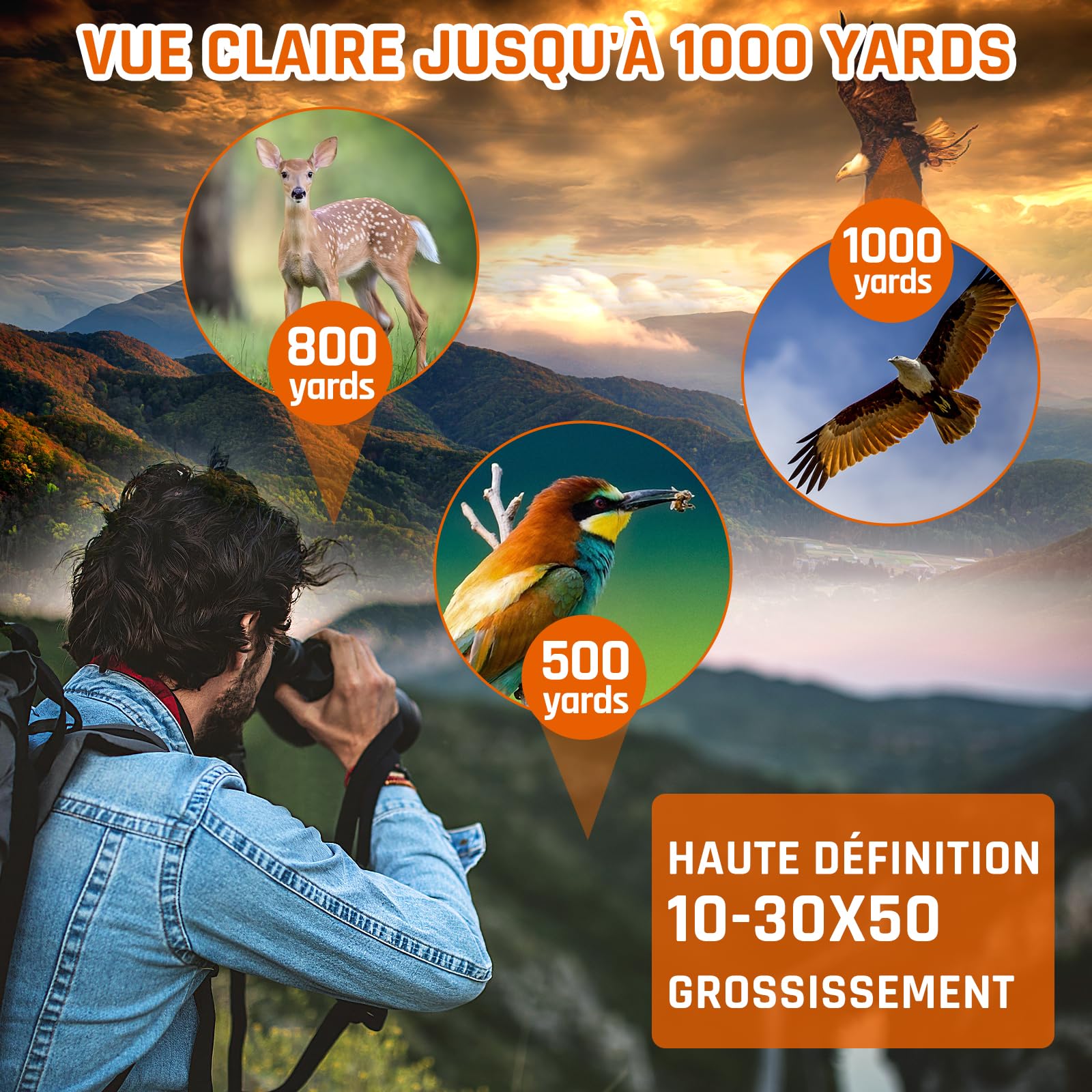 Jumelles Zoom 10-30x50 Sogries BAK4 FMC Haute Puissance pour Observation des Oiseaux