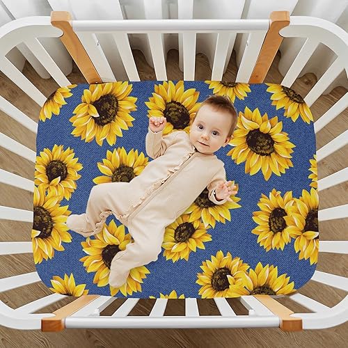 Miniatura 7 de Sábanas de cuna con patrón azul girasol para niños y niñas, sábanas portátiles para cuna, sábana bajera para colchones estándar de cuna y niños