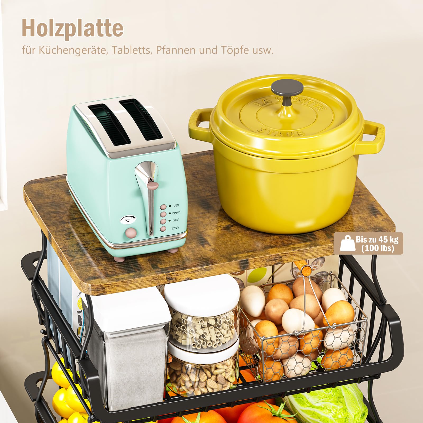 5-Tier Küchenwagen mit Rollen, Gemüseregal mit Holzplatte, Aufbewahrungskorb mit Rädern, vielseitiger Küchen-Organizer für Obst, Gemüse, Snacks und mehr für Küche, Vorratsraum, Büro