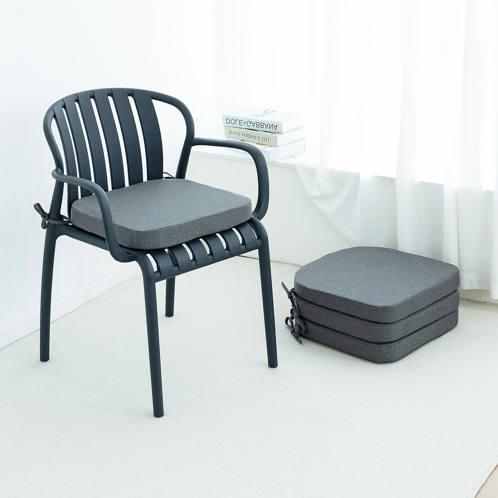 helios&hestia indoor dining chair cushions with ties for kitchen, outdoor seat pads with removable cover, non-slip bottom, waterproof, high-resilient foam, 17" x 16" x 2", set of 4, dark grey