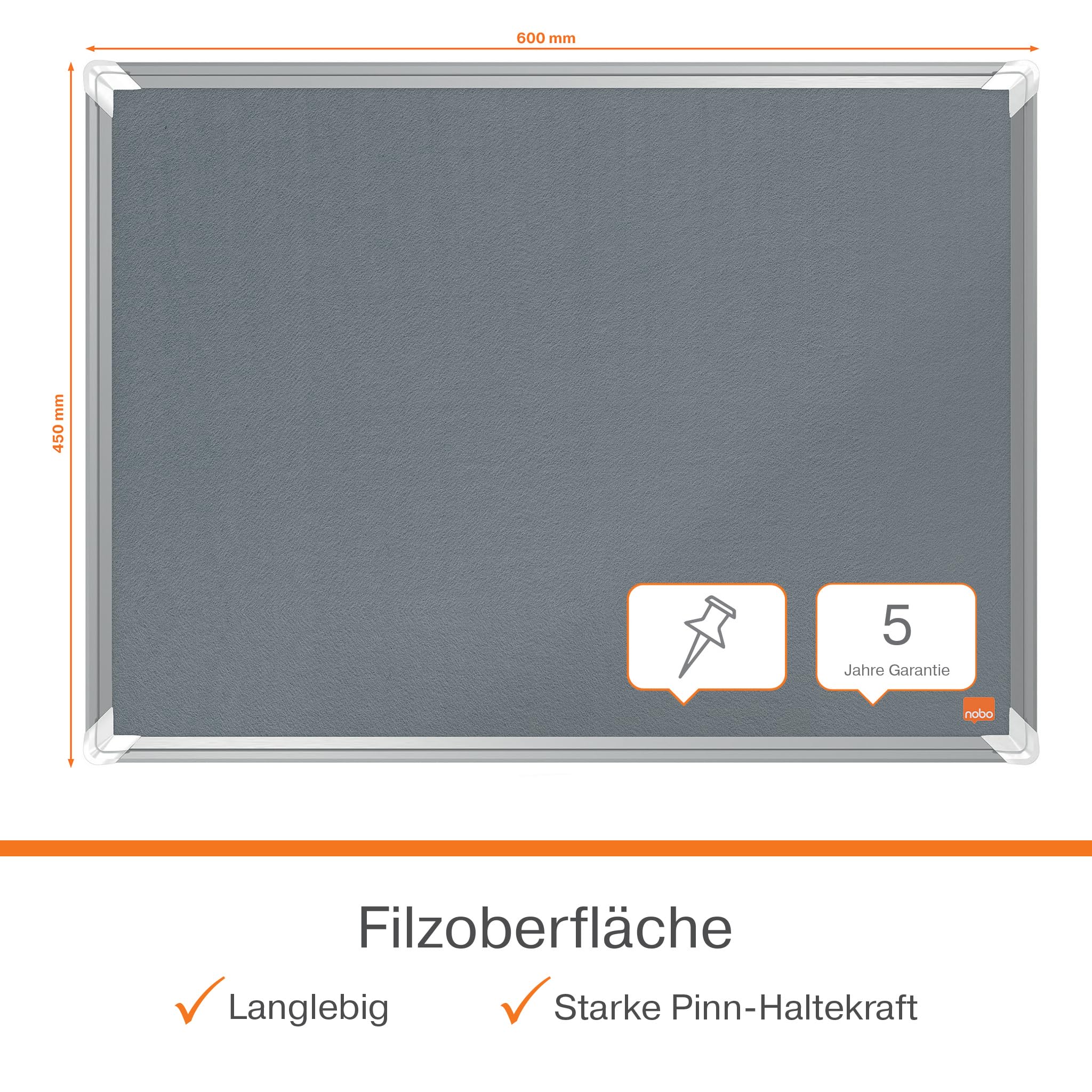 Nobo Filz-Notiztafel, 45 x 60 cm, Aluminiumrahmen, Traditionelle Eckmontage, Premium Plus, Grau, 1915194