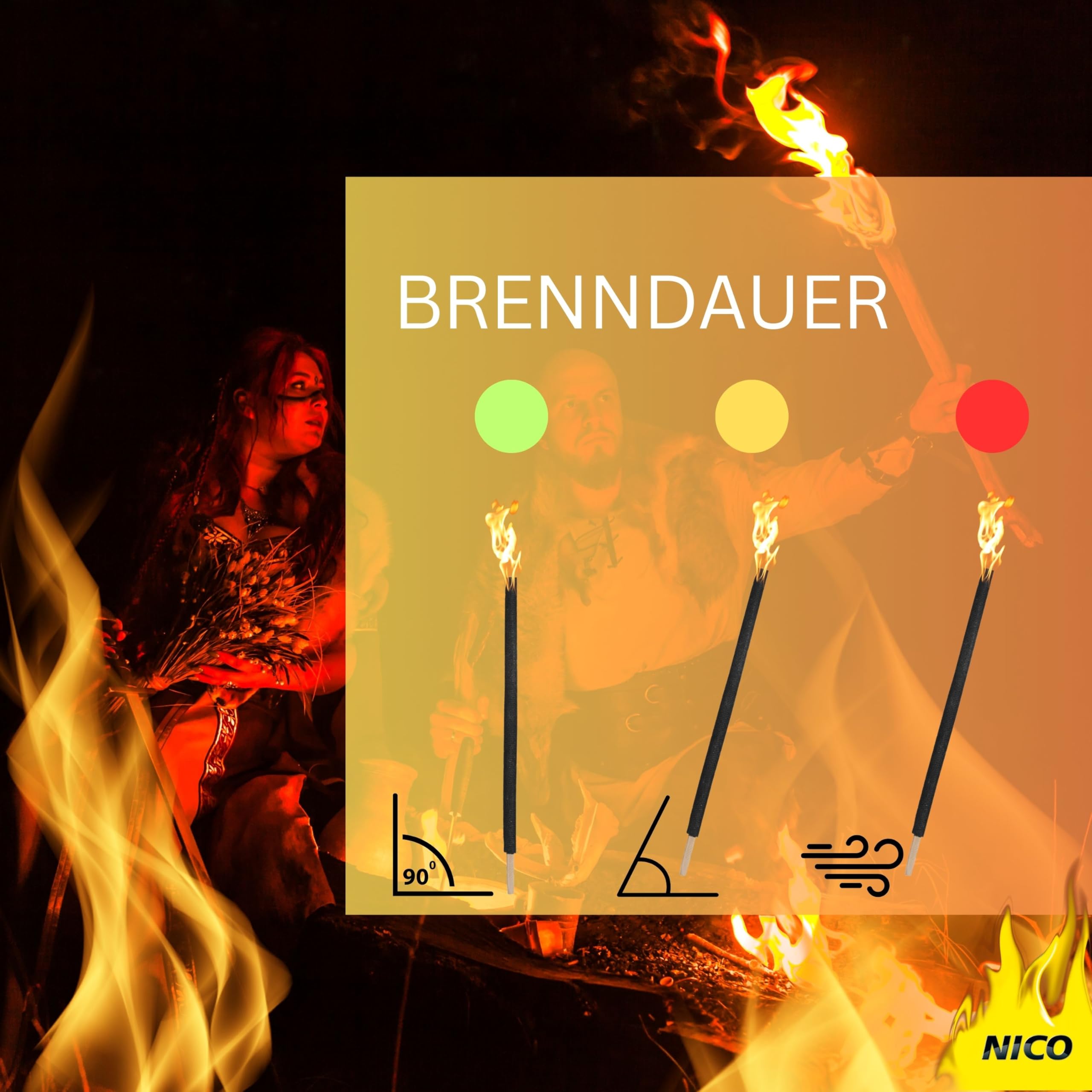 100 Stück Wachsfackeln, Brenndauer 60 Min. I hochwertige Fackeln aus Wachs mit Handschutz I Garten-Fackel für Outdoor Party, Event, Nacht-Wanderung