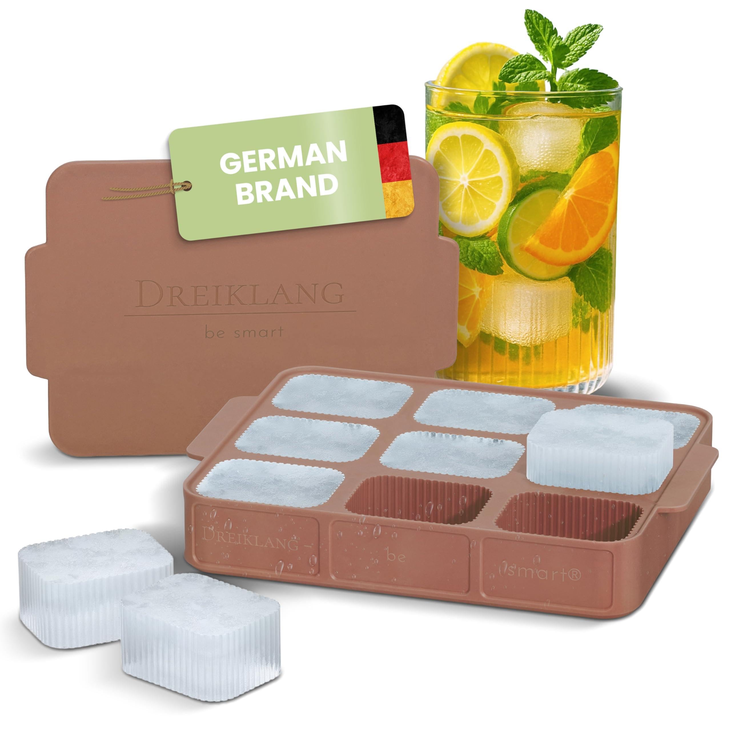 Dreiklang - be smart Eiswürfelform Silikon mit Deckel und Griff I Stapelbar und Eiswürfel groß eckig mit Rillen für leichtes Herauslösen I Geruchsfrei Geschmacksneutral Eiswürfelbehälter
