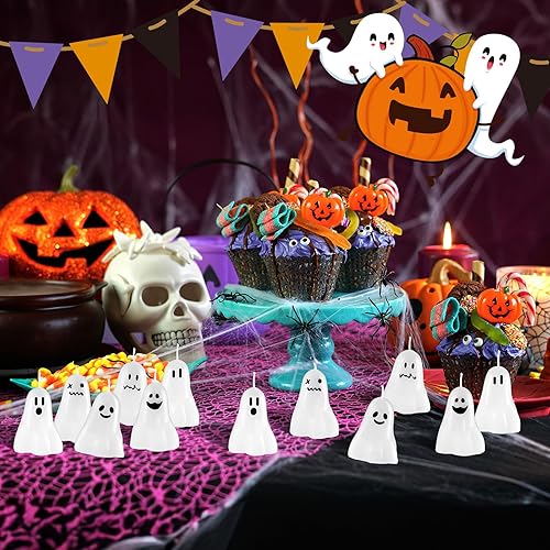 Miniatura 3 de MTLEE 12 velas votivas de fantasmas de Halloween, velas votivas de fantasma, velas de fantasma blanco, velas espeluznantes, decorativas, fantasmas,