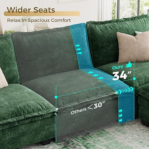 Miniatura 6 de KKL Sofá modular grande en forma de V, sofá de nube de 7 plazas con otomana, sofás seccionales de felpilla para sala de estar, apartamento, verde