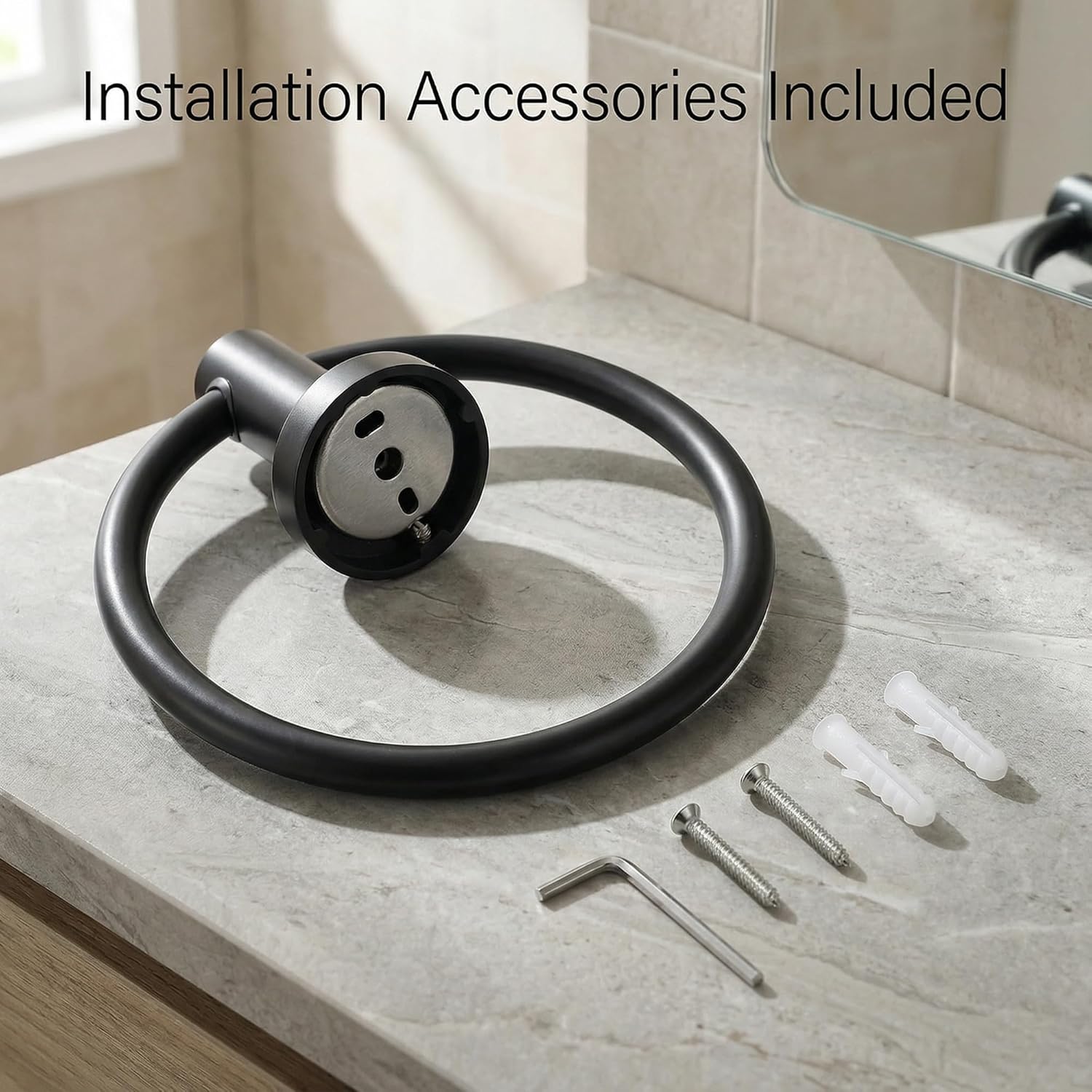 Towel Ring for Bathroom Wall 2 Pack, Stainless Steel Hand Towel Holder Heavy Duty Wall Mounted Towel Hanger for Bathroom Kitchen Powder Room Guest Bathroom Home Use Black