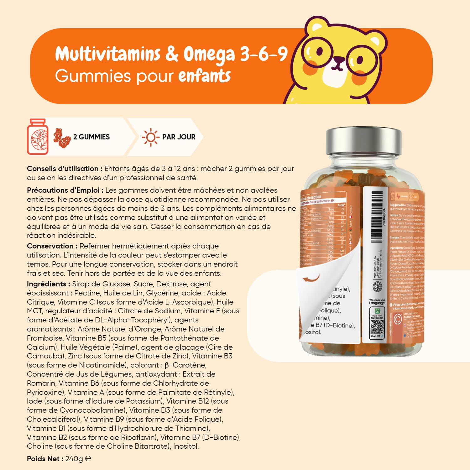 Multivitamines et Minéraux avec Oméga 3 6 9-120 Gummies Enfants Vegan - 17 Vitamines & Minéraux C, D, B12, B6, A et Zinc - Multivitamines Enfants dès 3 Ans Goût Framboise & Orange Faibles en Sucre