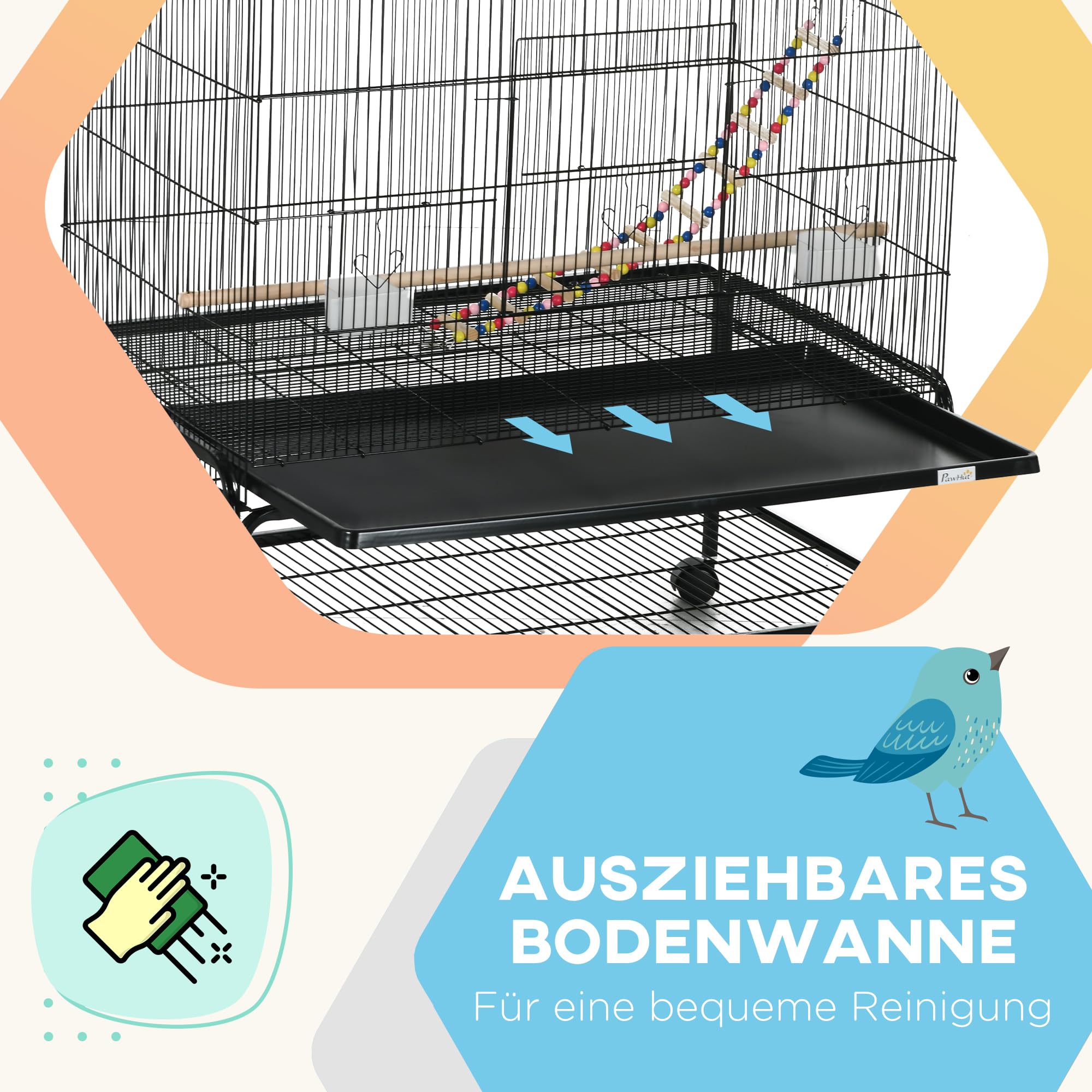 PawHut Vogelkäfig Groß Vogelvoliere mit Sitzstangen, Rollen, Bodenwanne, Metall Vogelhaus mit 2 Türen, Vogelspielzeug, Vogelbauer Wellensittichkäfig Käfig für Vögel, 97 x 58 x 160 cm